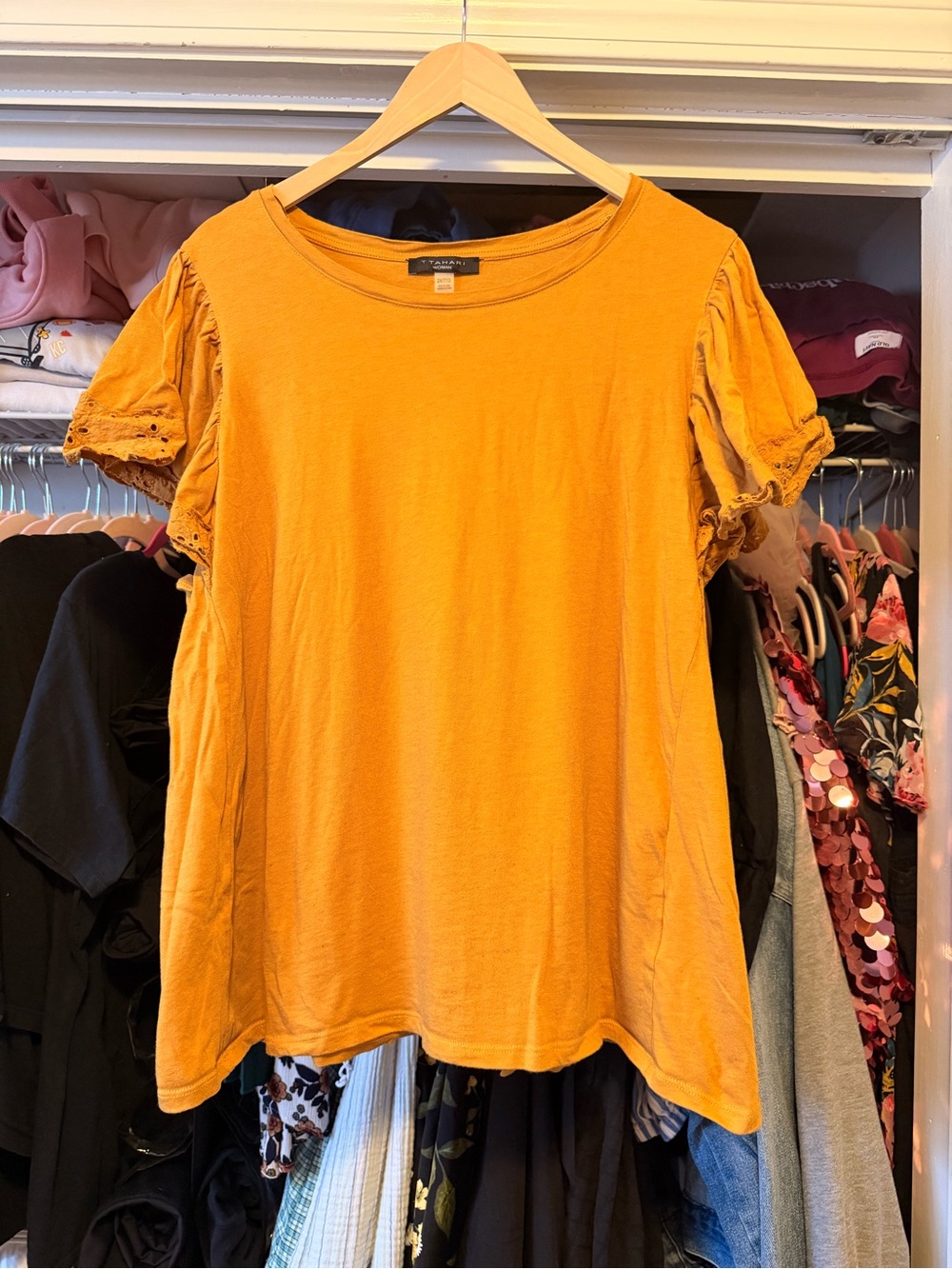 T Tahari Mustard Puff-Sleeve Short Sleeve Tee
